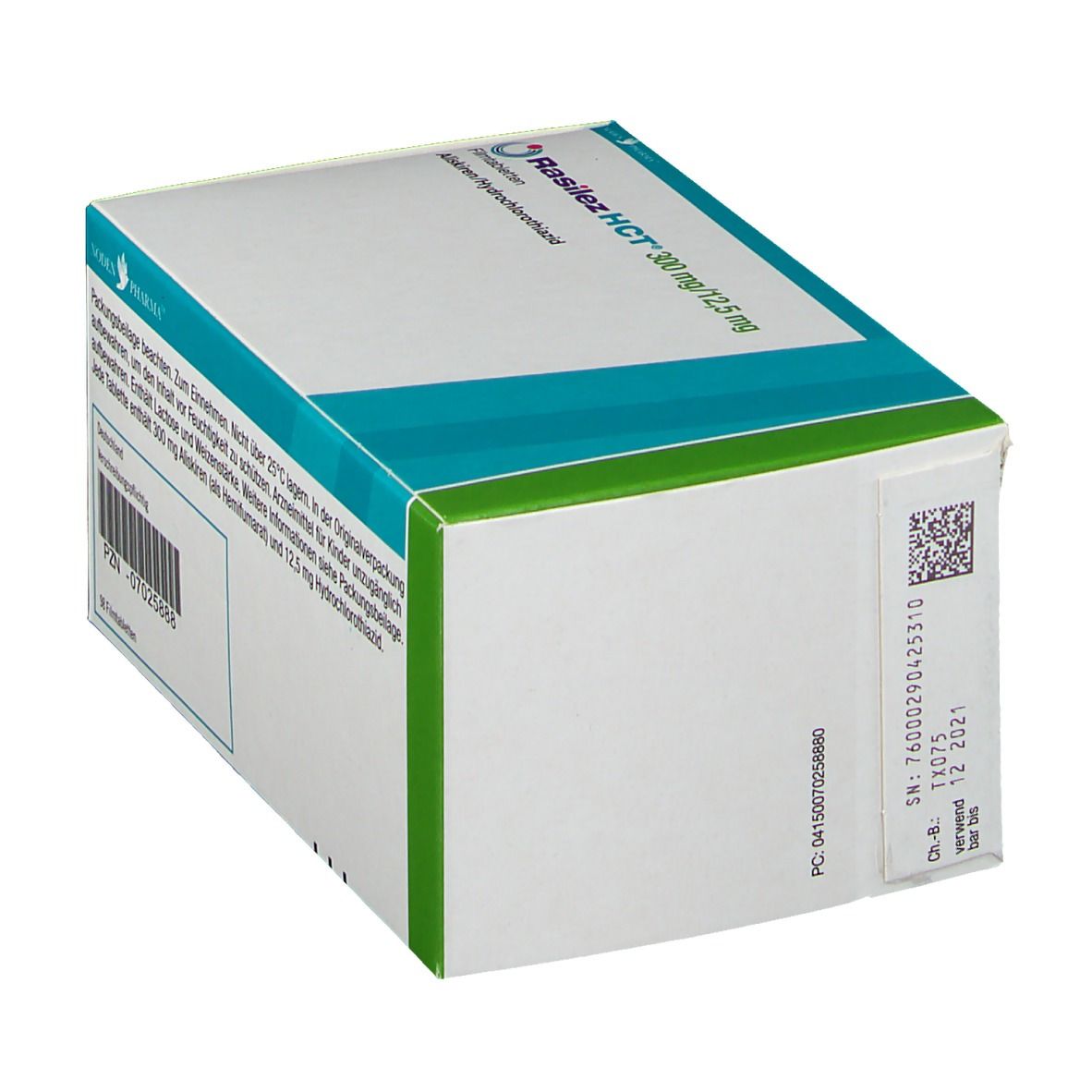 Karton Rasilez HCT 300 mg/12,5 mg. Weiß, blau und grün. Seitlich Produktinformationen und Barcode. Oberseite mit blauem Streifen.
