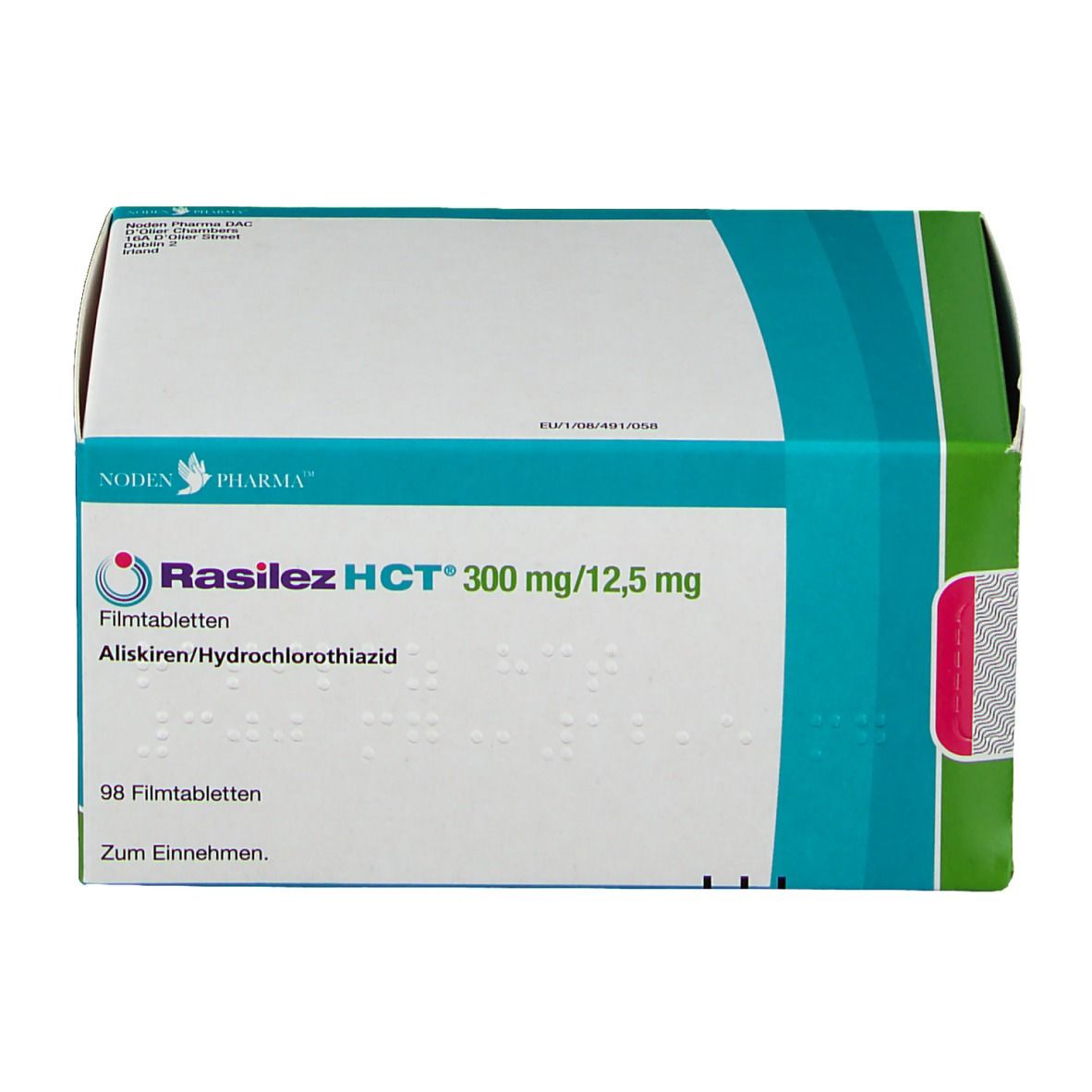 Karton Rasilez HCT 300 mg/12,5 mg. Weiß, blau und grün. Produktname und Informationen auf der Vorderseite. 98 Filmtabletten.