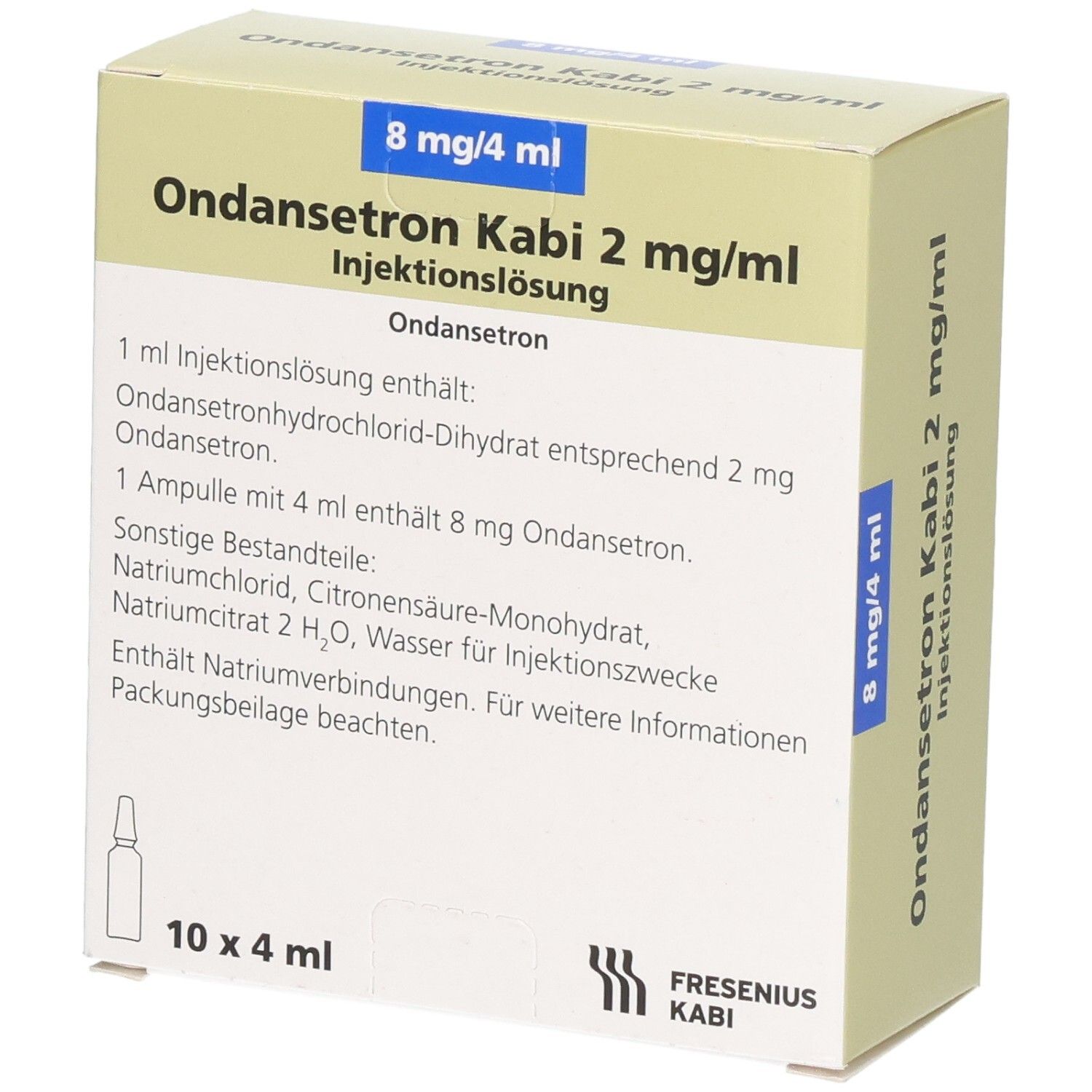 Packung Ondansetron Kabi 2 mg/ml Injektionslösung, 10 x 4 ml Ampullen.
