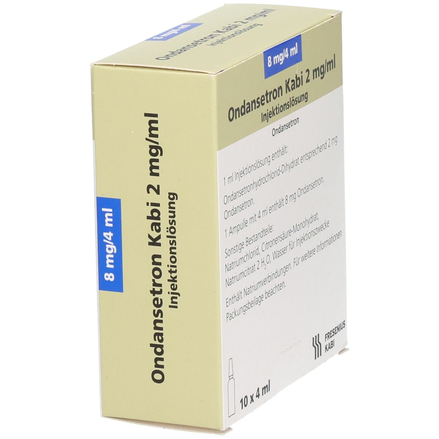 Packung Ondansetron Kabi 2 mg/ml Injektionslösung, 10 x 4 ml Ampullen.