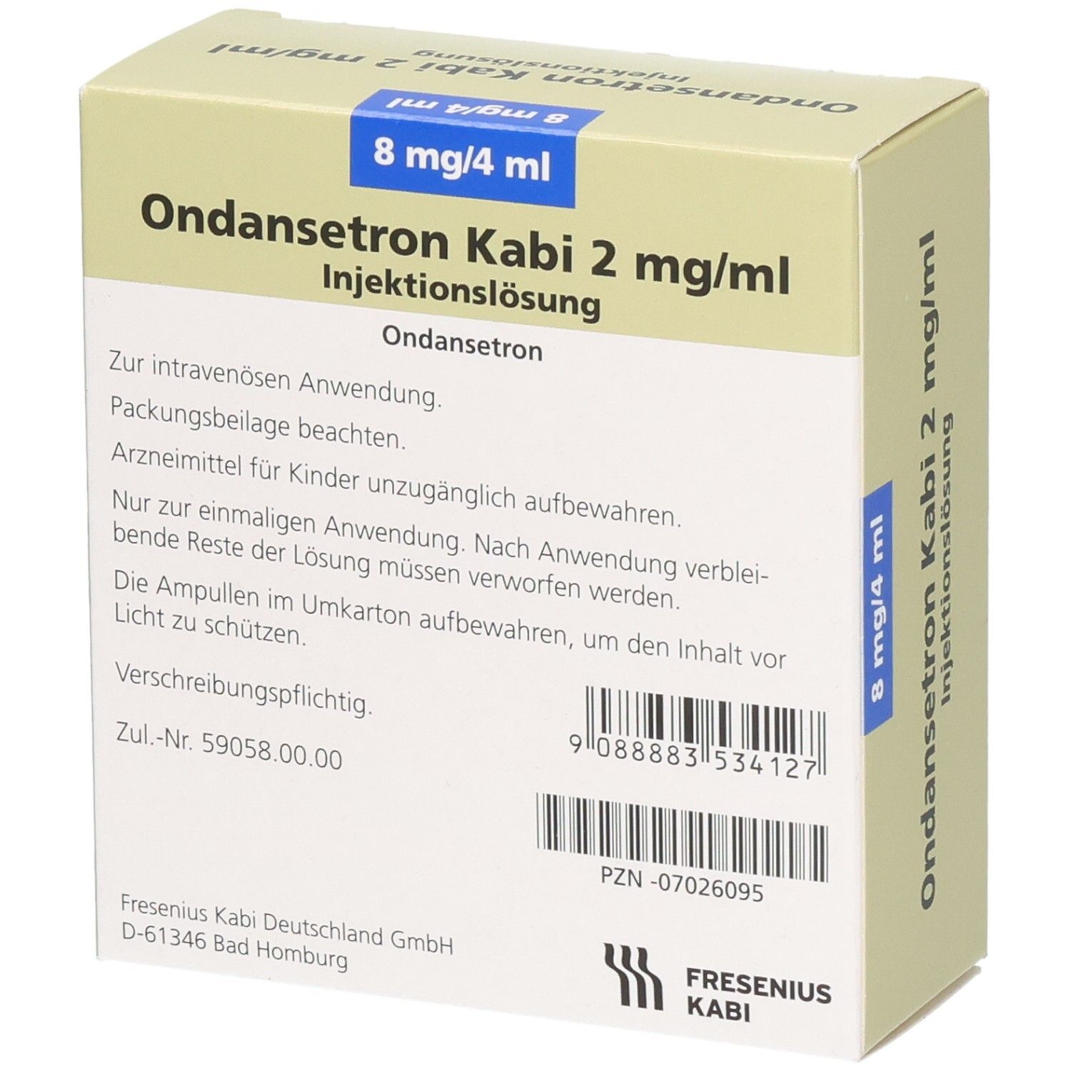 Rückseite der Packung Ondansetron Kabi 2 mg/ml Injektionslösung, 10 x 4 ml Ampullen.