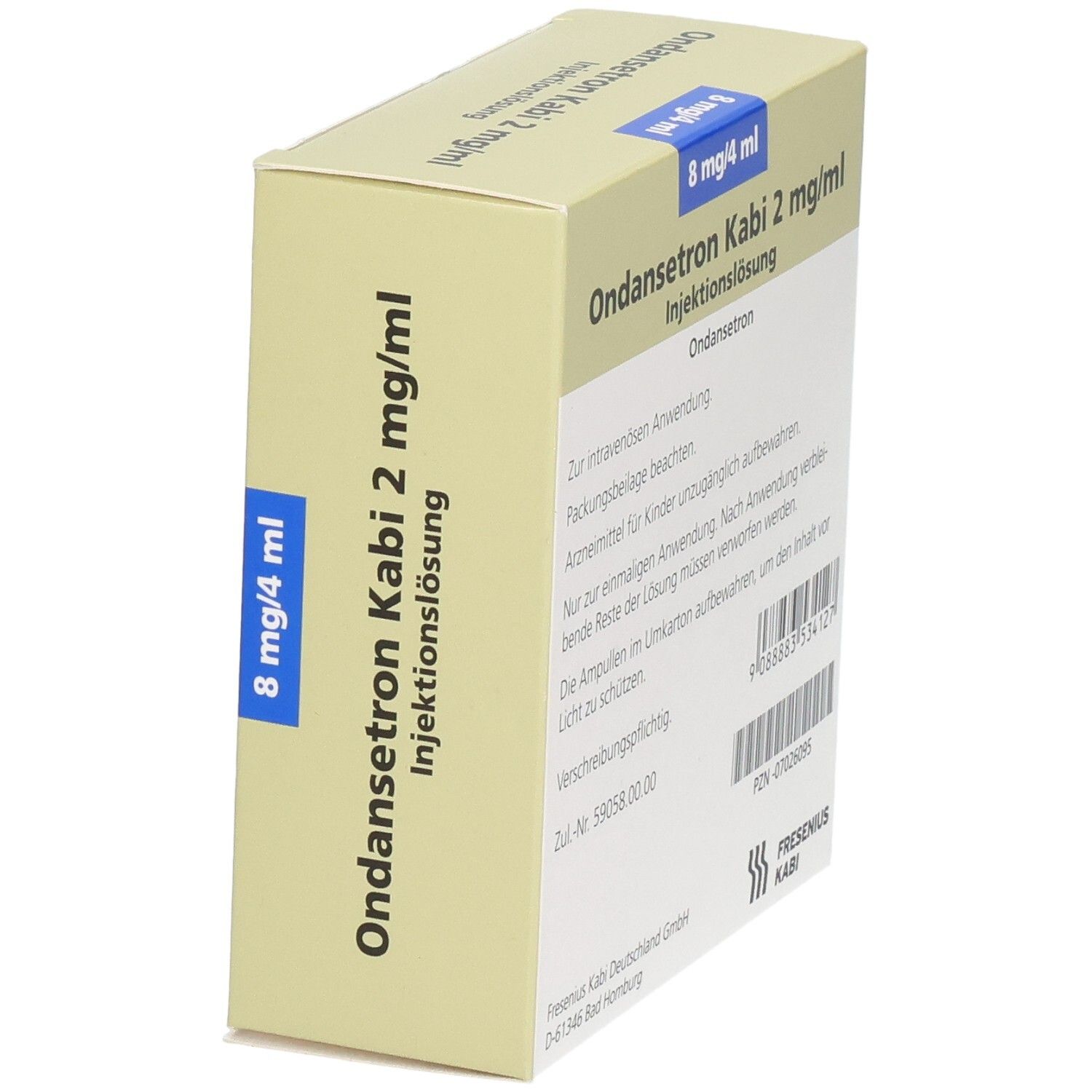 Seitenansicht der Packung Ondansetron Kabi 2 mg/ml Injektionslösung, 10 x 4 ml Ampullen.