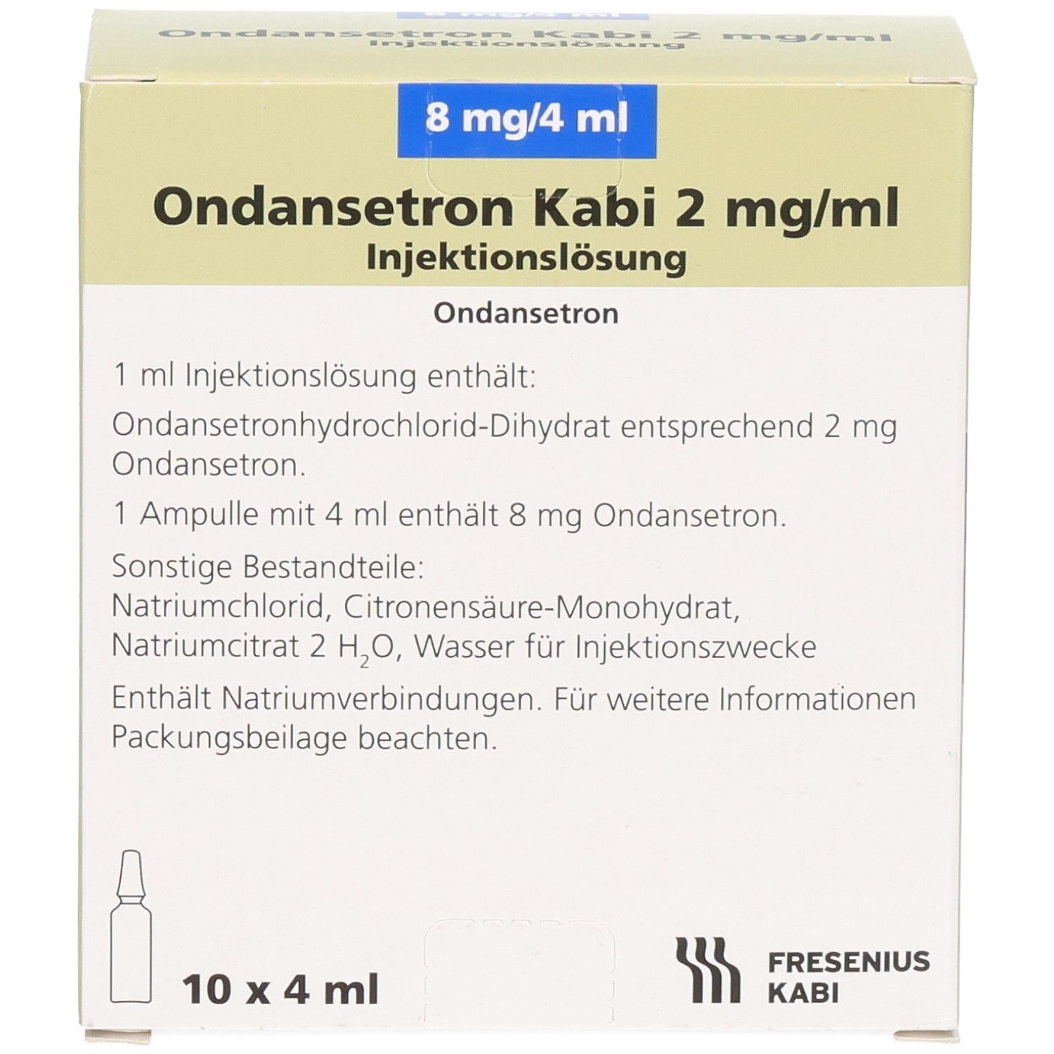 Packung Ondansetron Kabi 2 mg/ml Injektionslösung, 10 x 4 ml Ampullen.