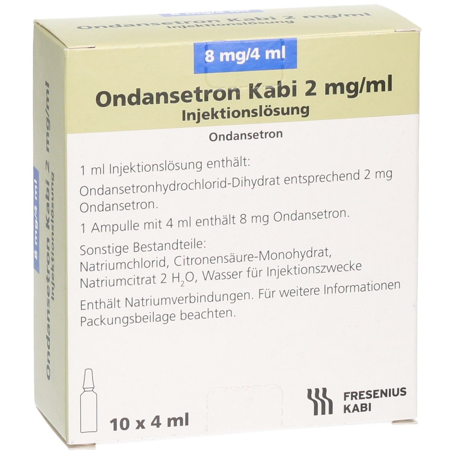 Packung Ondansetron Kabi 2 mg/ml Injektionslösung, 10 x 4 ml Ampullen.