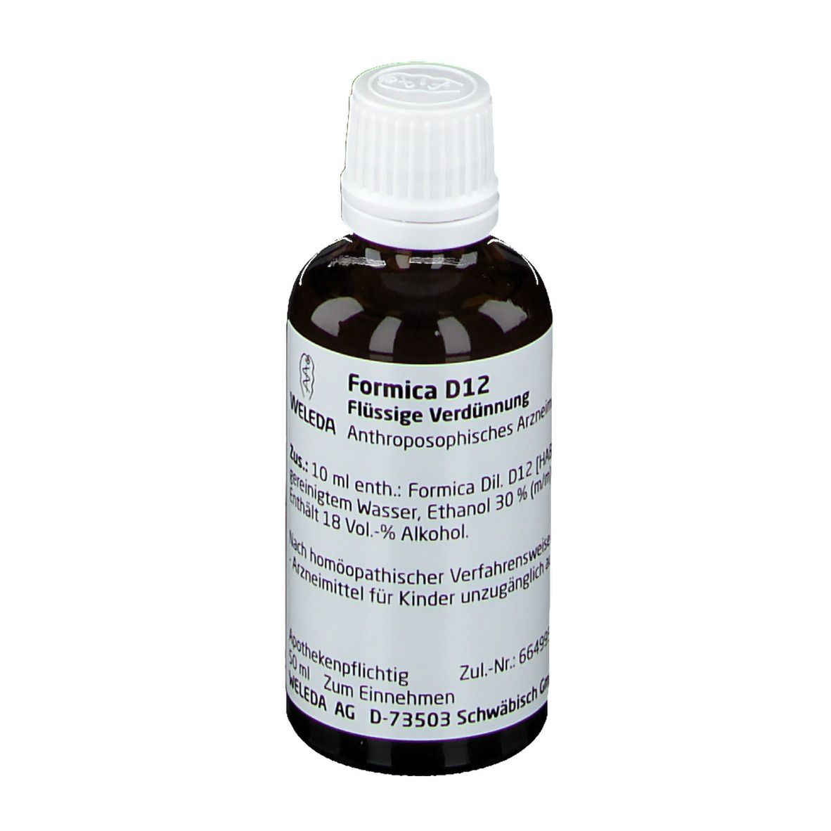 Braune Glasflasche mit weißem Deckel. Beschriftung: Formica D12, Flüssige Verdünnung, Weleda. Apothekenpflichtig.