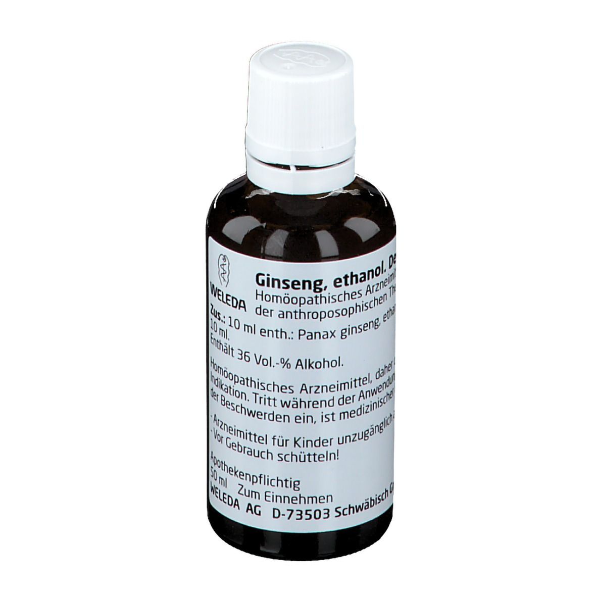 Braune Glasflasche mit weißem Deckel und Etikett. Beschriftung: Weleda, Ginseng, ethanol. D1.