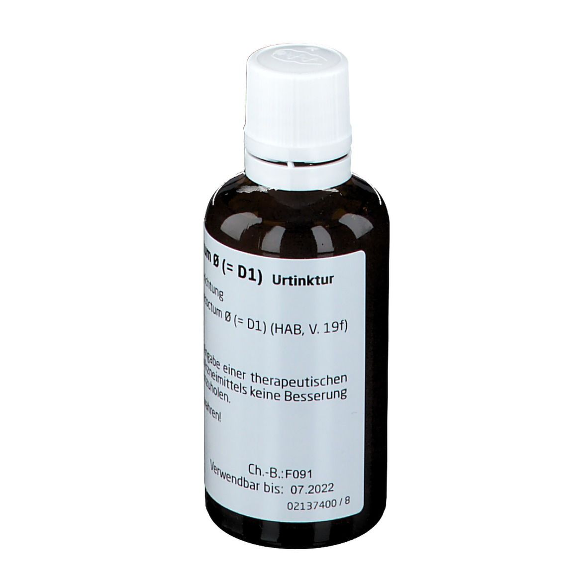 Braune Glasflasche mit weißem Deckel und Etikett. Beschriftung: Urtinktur, Ch.-B.: F091, 07.2022.