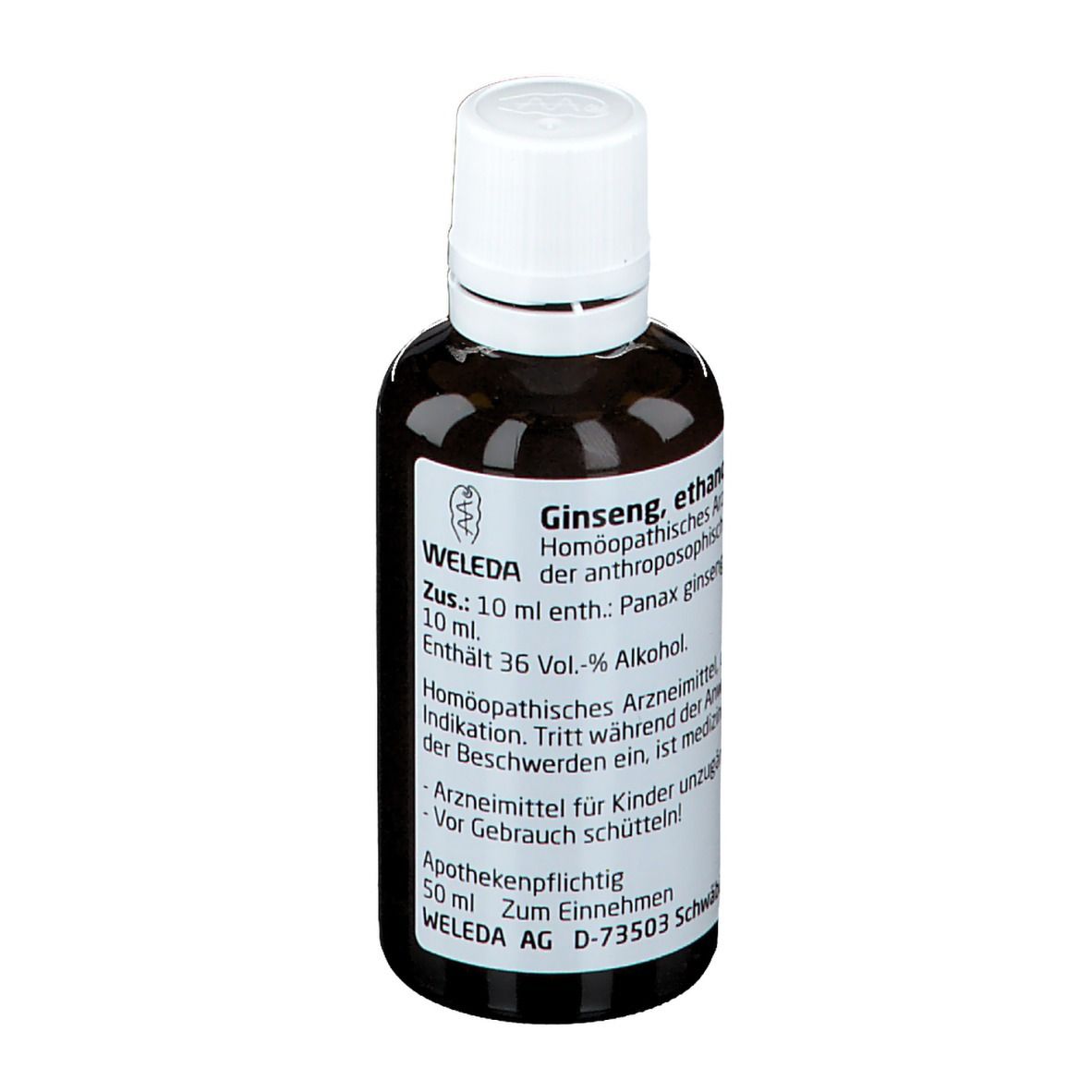 Braune Glasflasche mit weißem Deckel und Etikett. Beschriftung: Weleda, Ginseng, ethanol. D1.