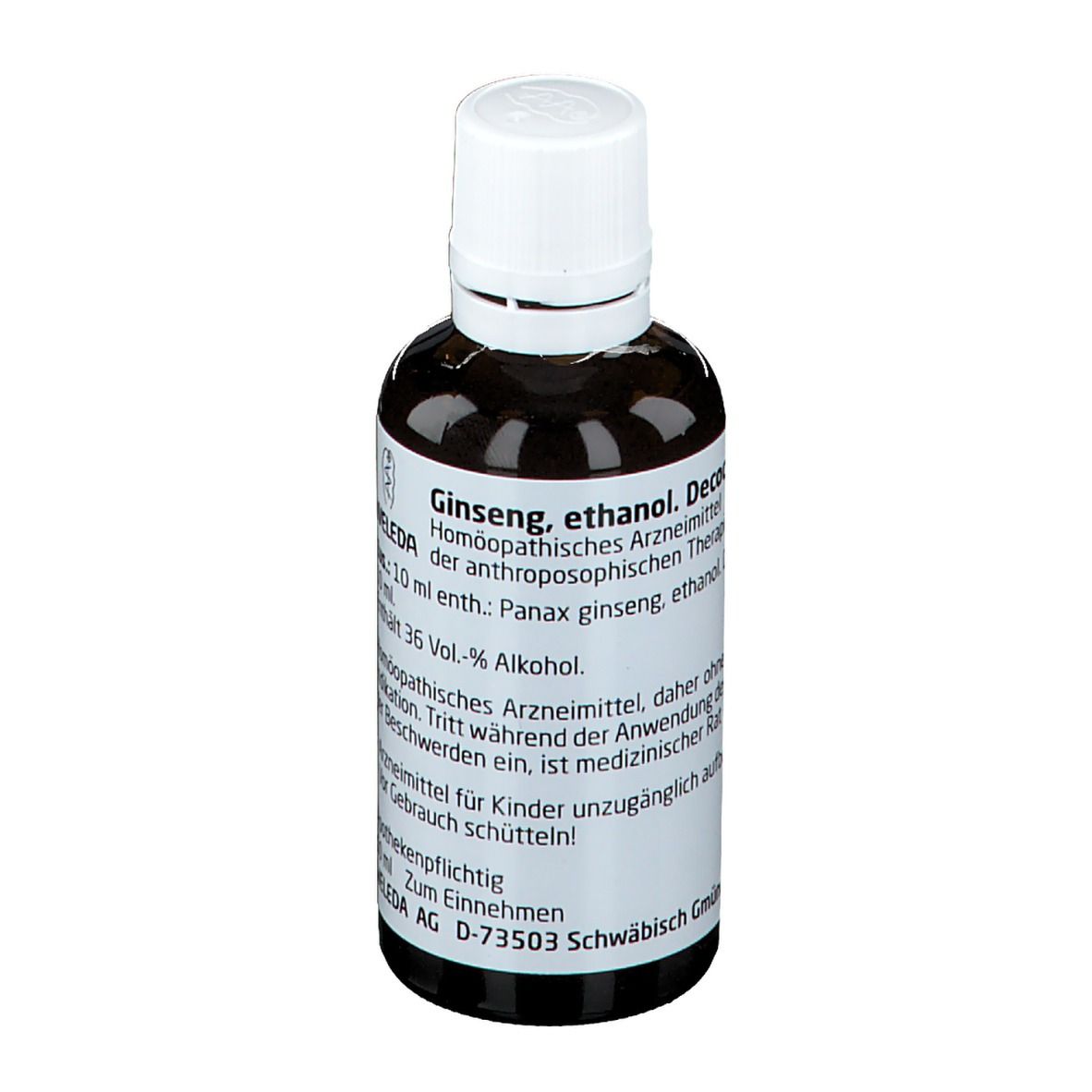 Braune Glasflasche mit weißem Deckel und Etikett. Beschriftung: Ginseng, ethanol. Decoctum Ø (= D1).