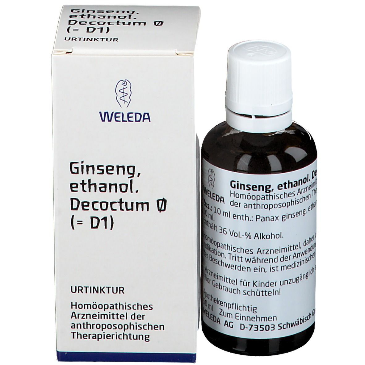 Braune Glasflasche mit weißem Deckel und Karton. Beschriftung: Weleda, Ginseng, ethanol. Decoctum Ø (= D1).
