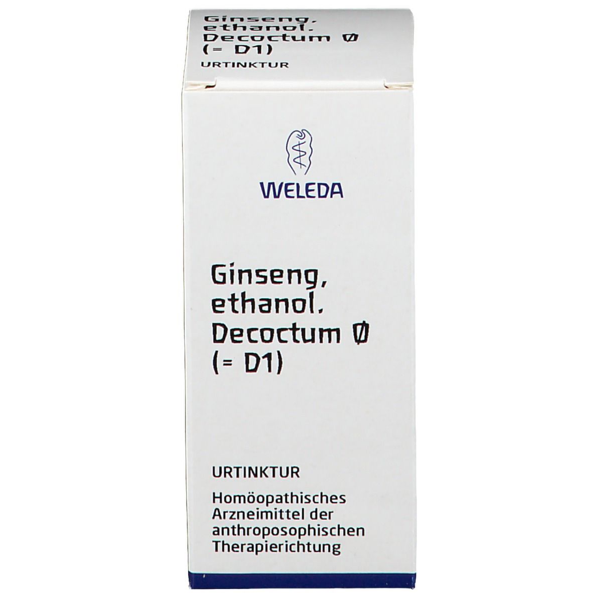 Karton mit Beschriftung: Weleda, Ginseng, ethanol. Decoctum Ø (= D1).