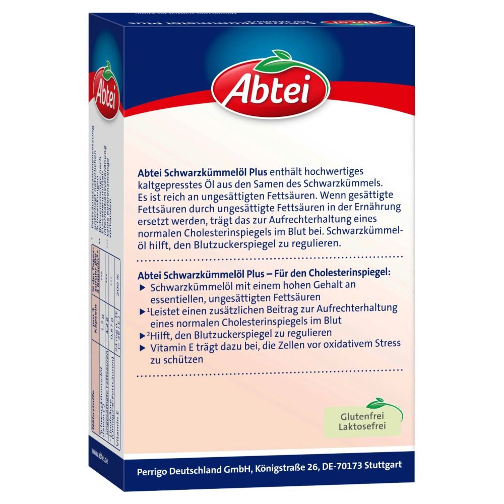 Rückseite der Abtei Schwarzkümmelöl Plus Verpackung. Text über Inhaltsstoffe und Vorteile. Glutenfrei, laktosefrei.