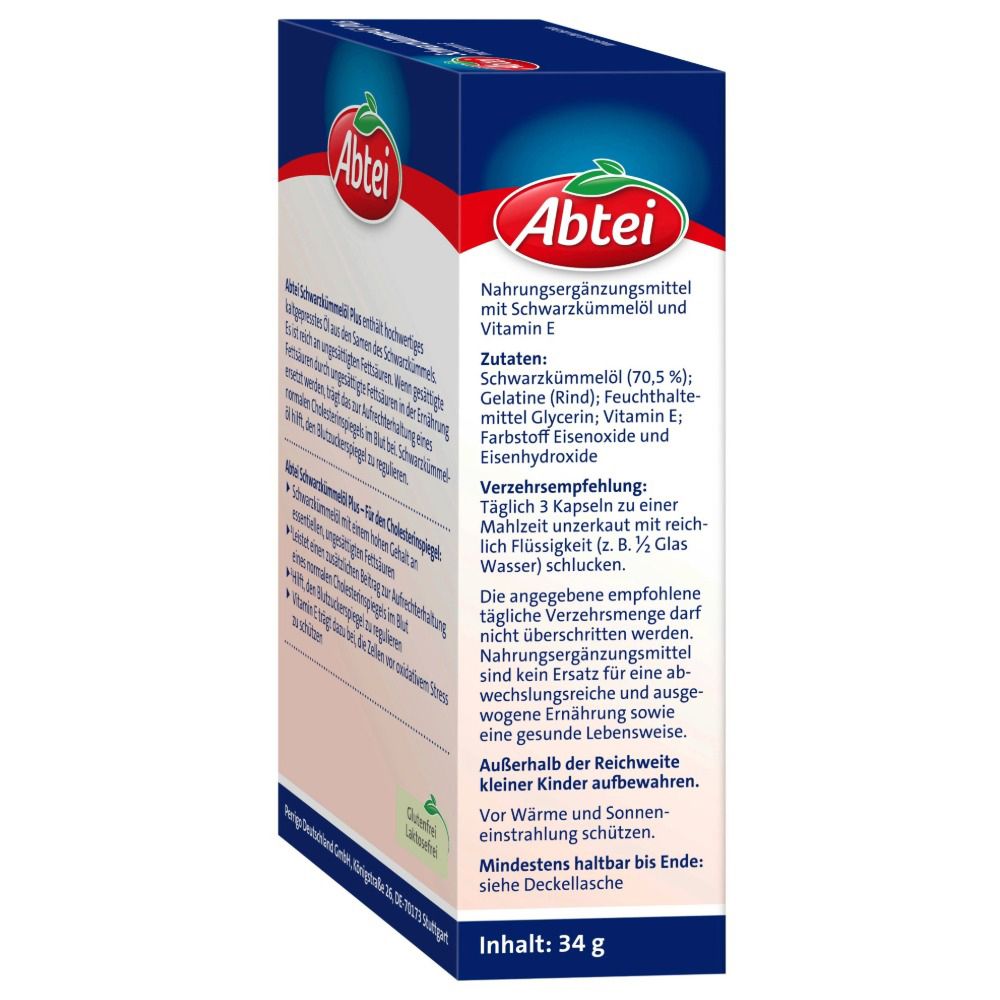Abtei Schwarzkümmelöl Plus, Seitenansicht der Verpackung. Zutatenliste und Verzehrempfehlung. Inhalt: 34 g.