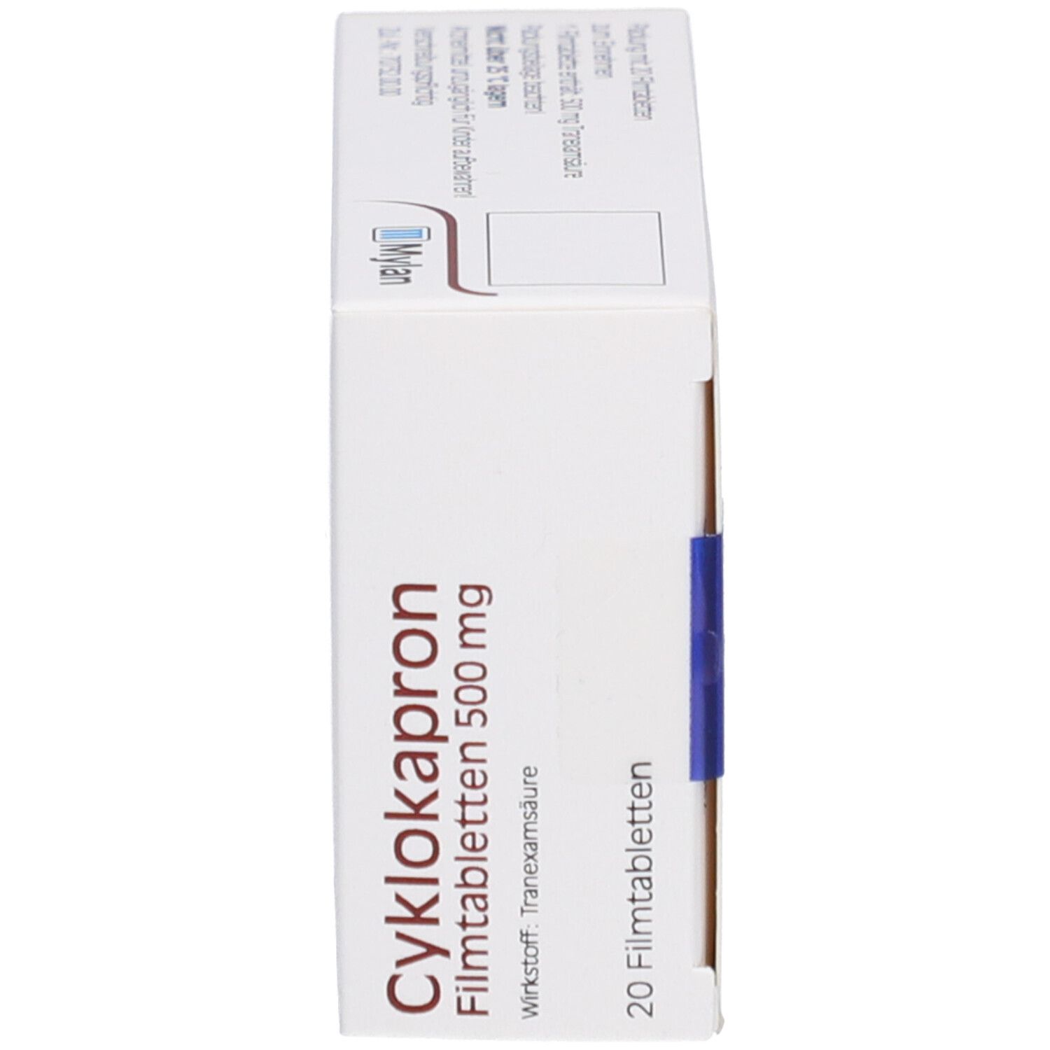 Schachtel mit Cyklokapron Filmtabletten 500 mg. 20 Tabletten. Mylan-Logo. Blaue Verschlusslasche.