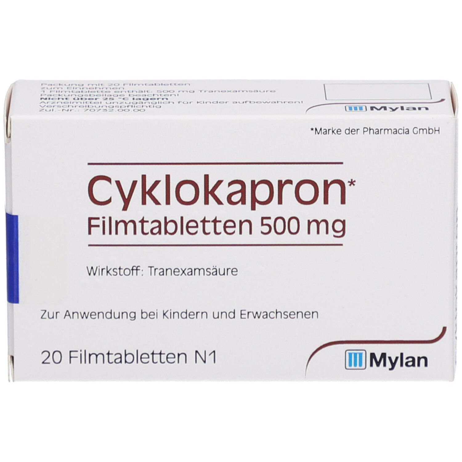 Schachtel mit Cyklokapron Filmtabletten 500 mg. 20 Tabletten. Mylan-Logo. Text: Für Kinder und Erwachsene.