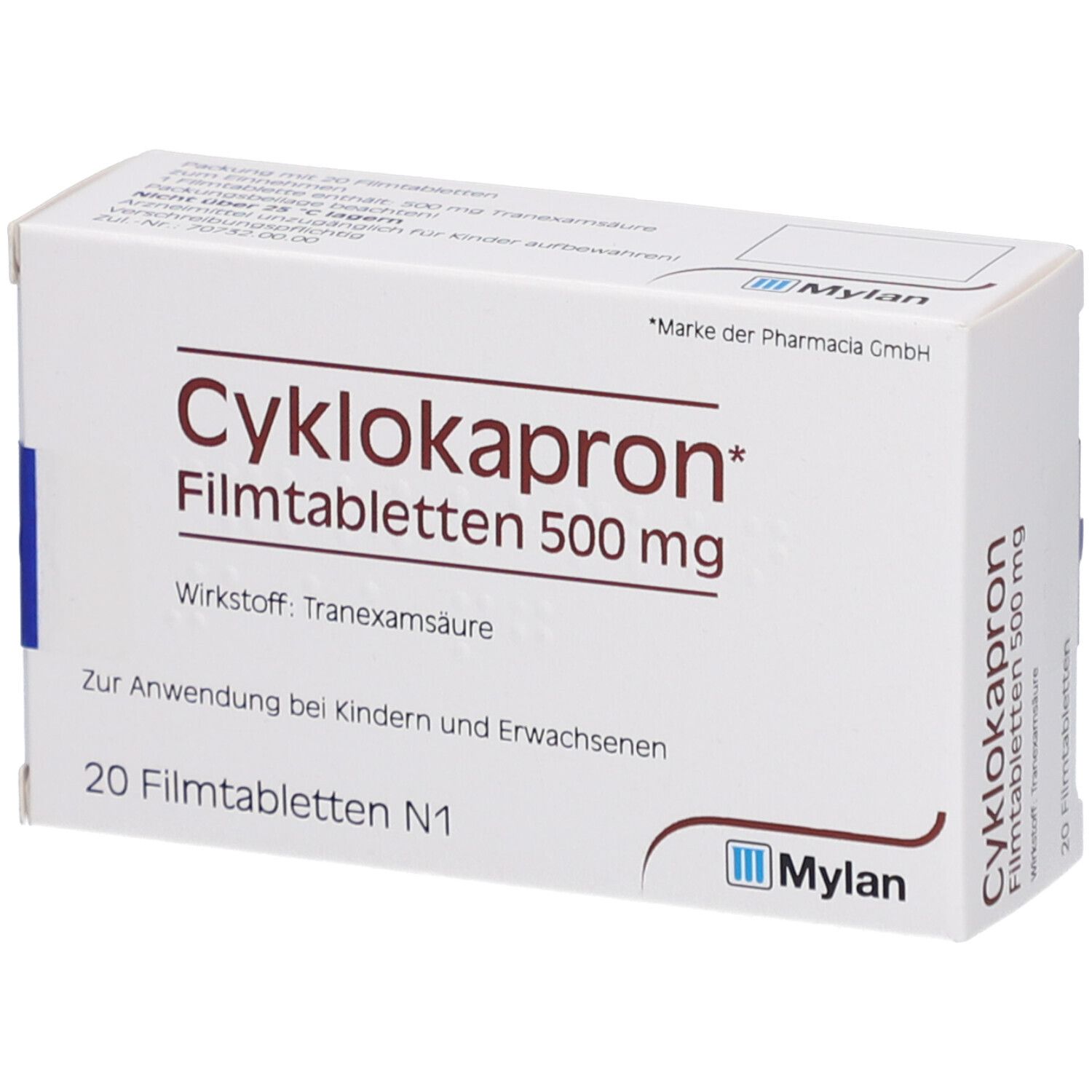 Schachtel mit Cyklokapron Filmtabletten 500 mg. 20 Tabletten. Mylan-Logo. Text: Für Kinder und Erwachsene.