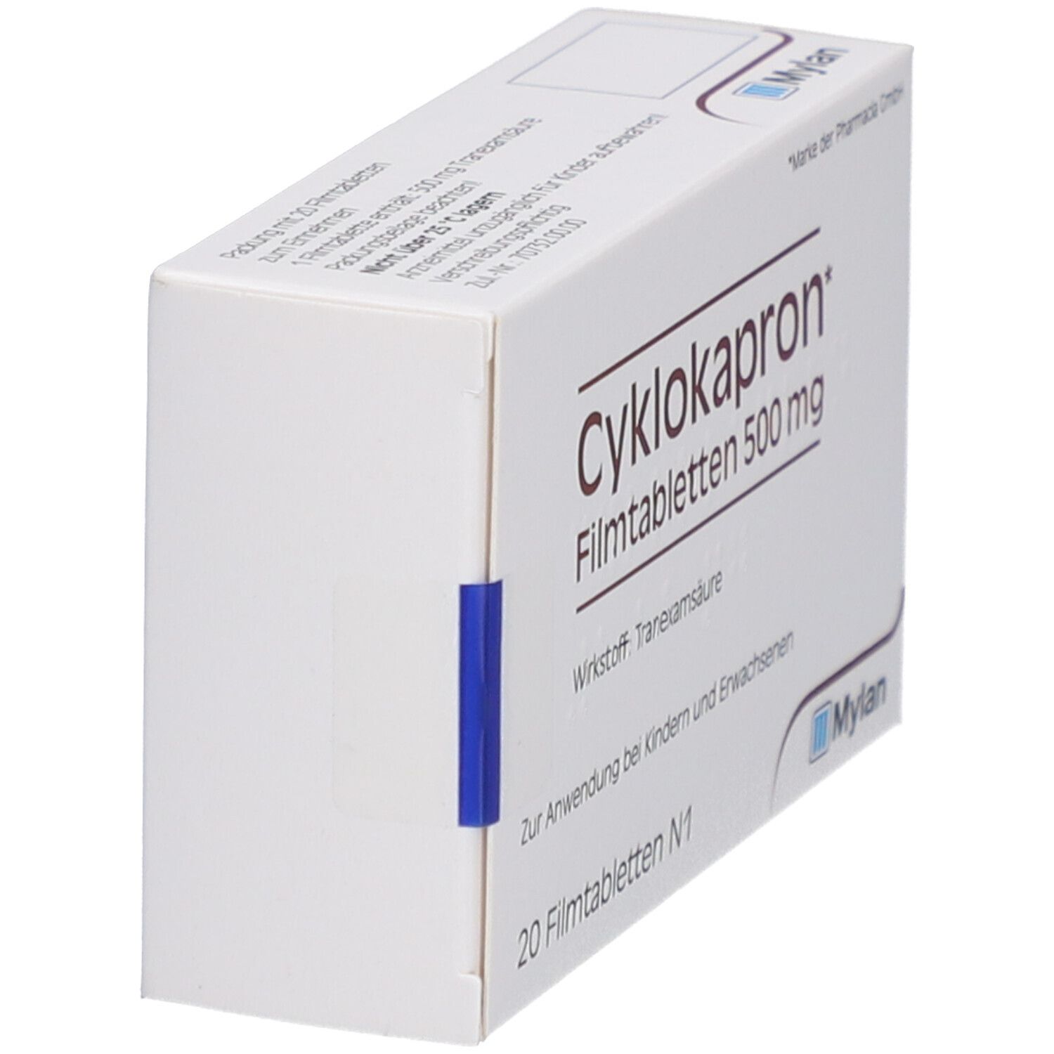 Schachtel mit Cyklokapron Filmtabletten 500 mg. 20 Tabletten. Mylan-Logo. Blaue Verschlusslasche.