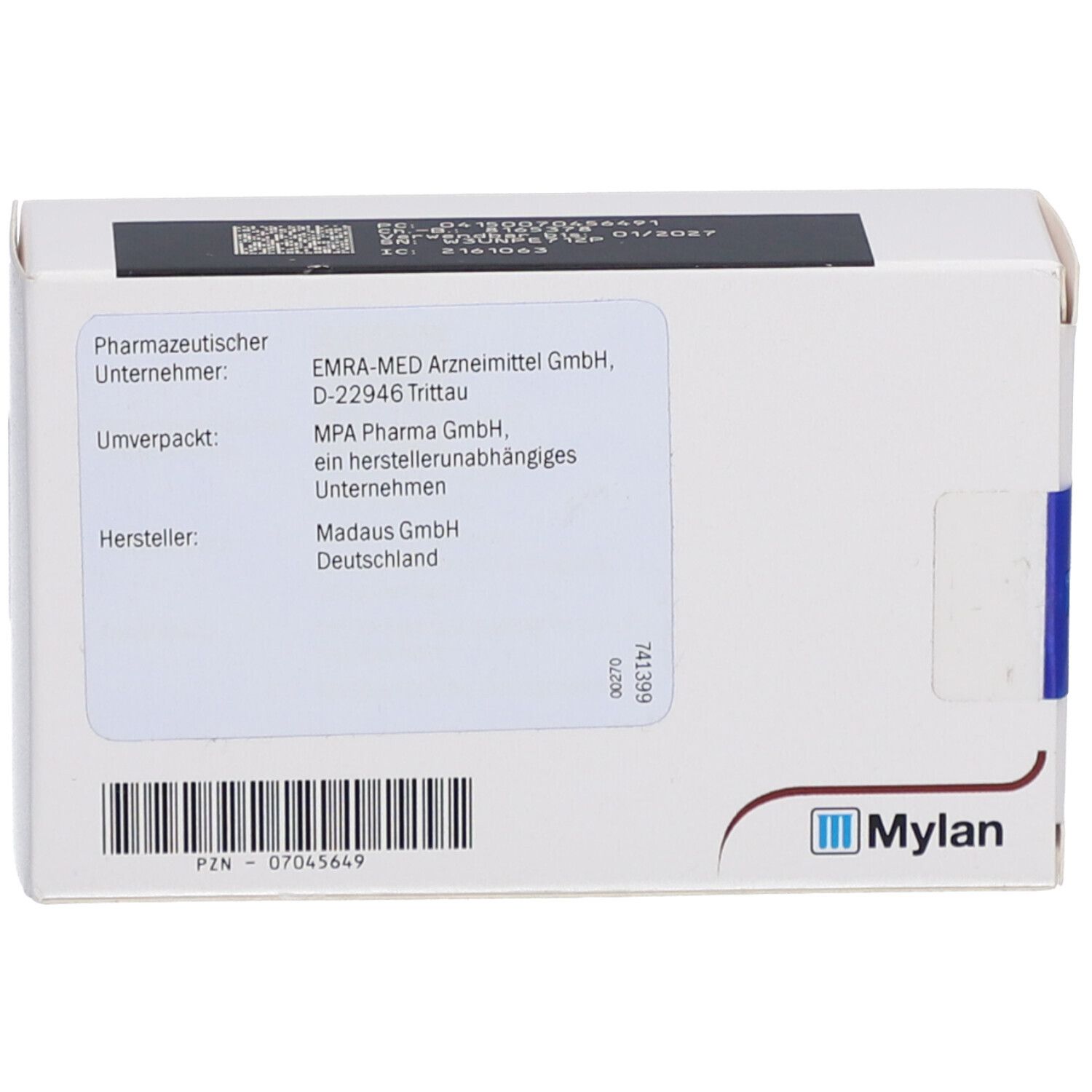 Rückseite der Cyklokapron-Verpackung. Pharmazeutischer Unternehmer, Hersteller, Chargennummer, Mylan-Logo.