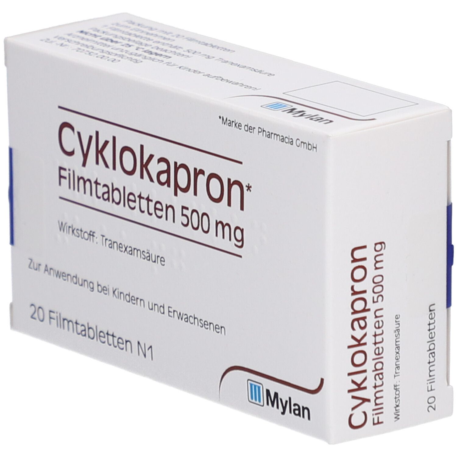 Schachtel mit Cyklokapron Filmtabletten 500 mg. 20 Tabletten. Mylan-Logo. Text: Für Kinder und Erwachsene.