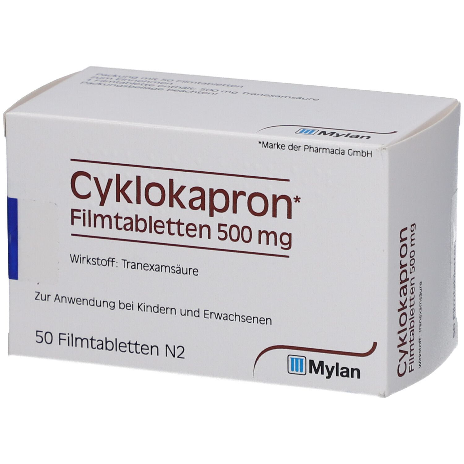 Schachtel mit Cyklokapron Filmtabletten 500 mg. Enthält 50 Tabletten. Mylan Logo.