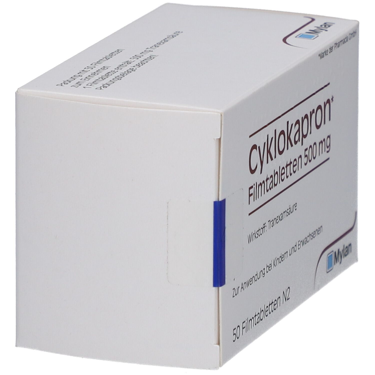 Schachtel mit Cyklokapron Filmtabletten 500 mg. Blaue Verschlusslasche. Mylan Logo.