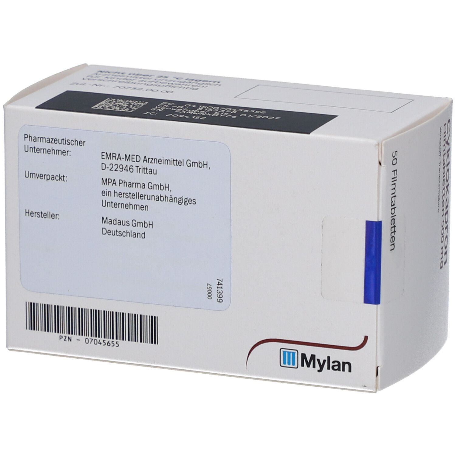 Rückseite der Cyklokapron-Schachtel. Enthält Informationen zum Hersteller und pharmazeutischen Unternehmen. Mylan Logo.
