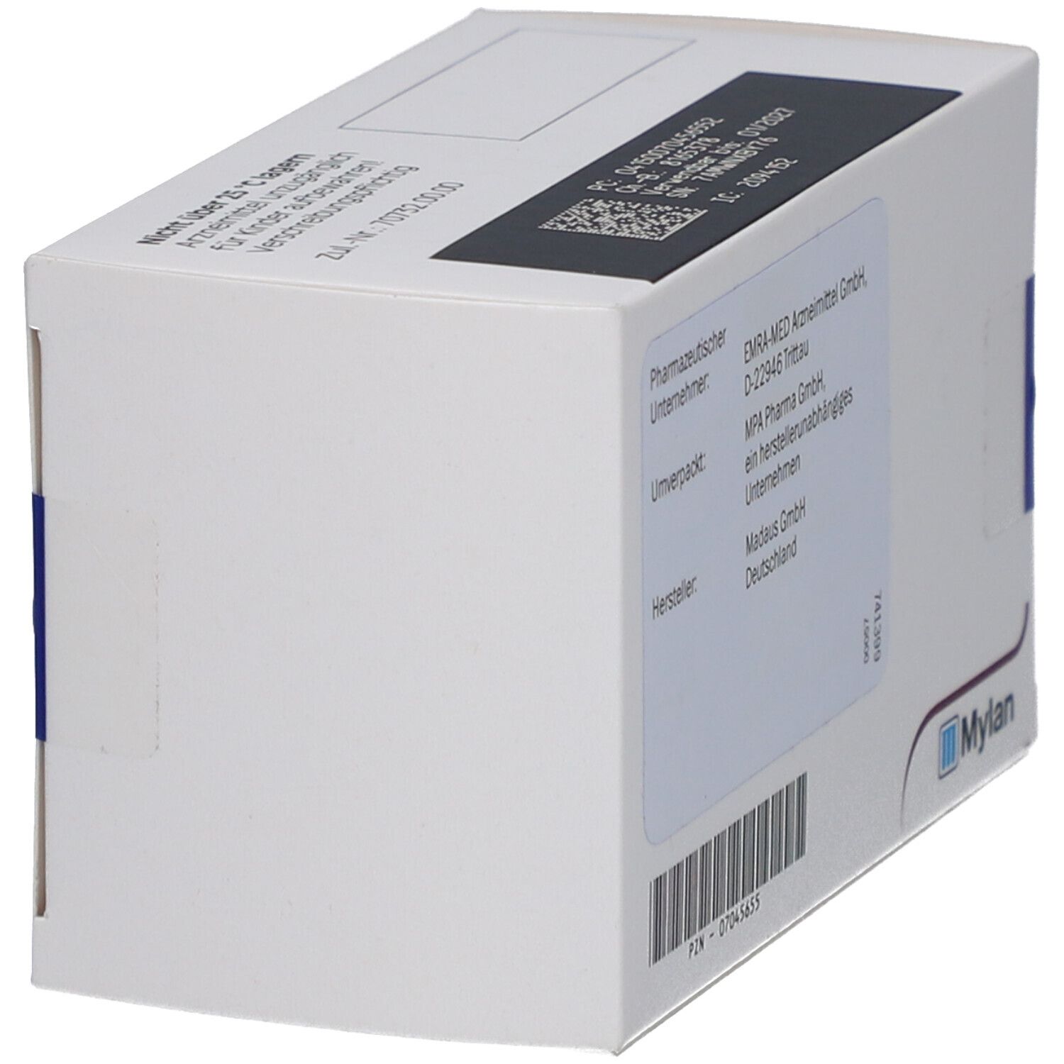 Rückseite der Cyklokapron-Schachtel. Informationen zum Hersteller und pharmazeutischen Unternehmen. Mylan Logo.