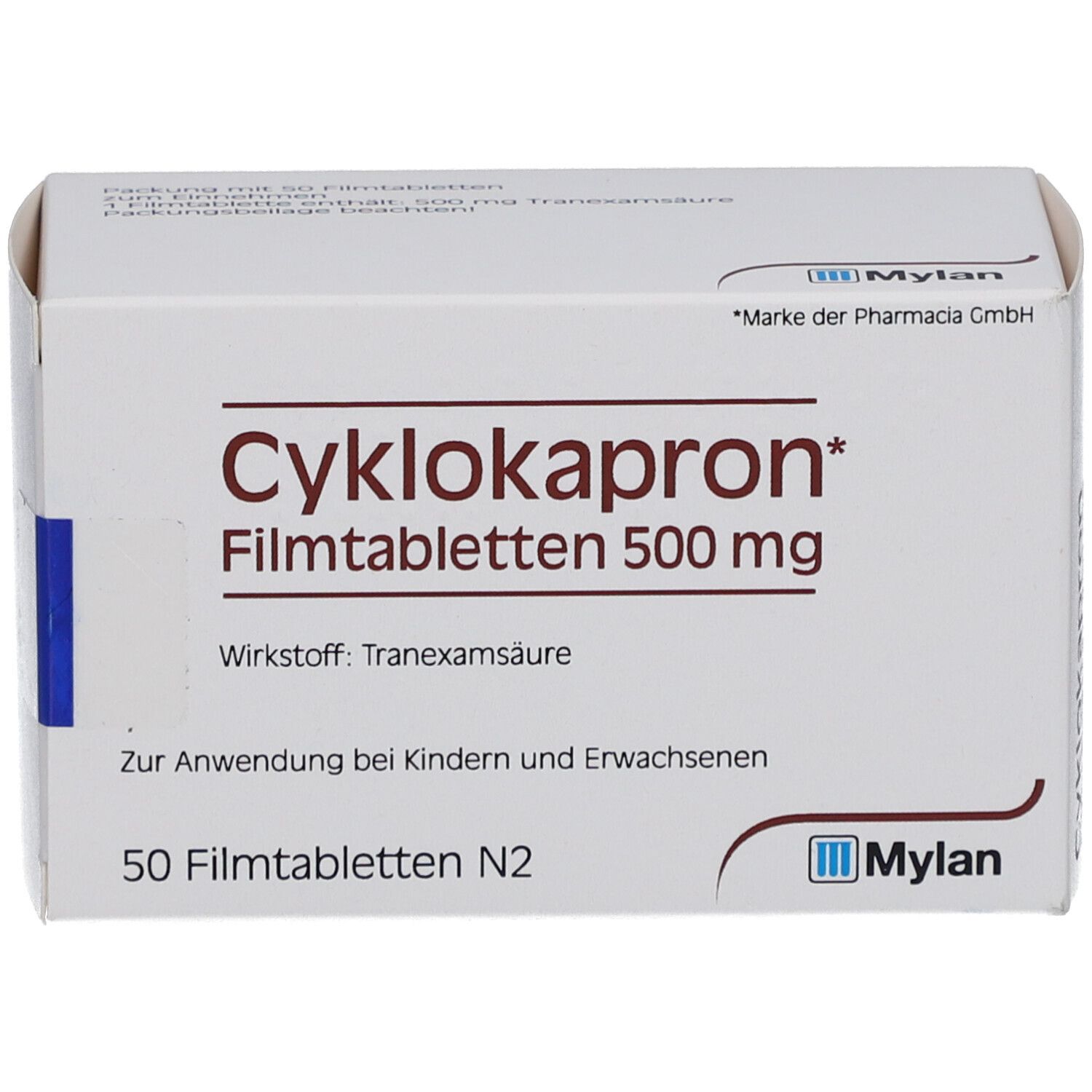 Schachtel mit Cyklokapron Filmtabletten 500 mg. Enthält 50 Tabletten. Mylan Logo.