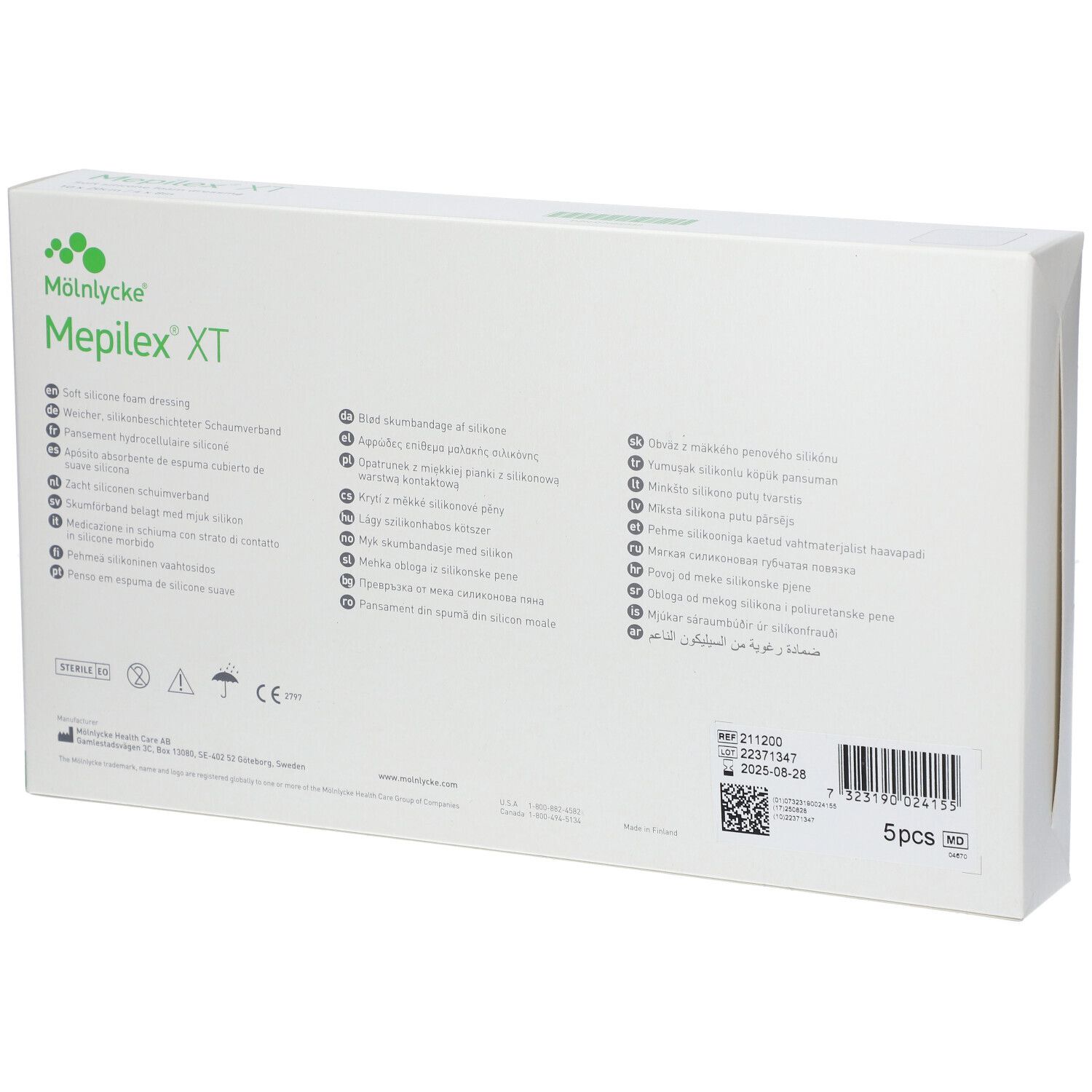 Rückseite der Mepilex XT Verpackung mit Produktinformationen und Symbolen. 5 Stück.