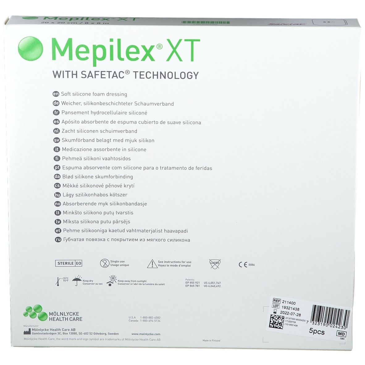 Rückseite der Mepilex XT Verpackung mit Produktinformationen und Anwendungshinweisen.