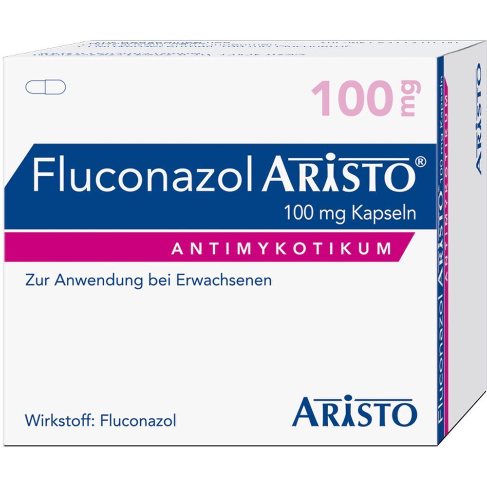 Schachtel mit Fluconazol Aristo 100 mg Kapseln. Blaue, weiße und pinke Schrift. Aristo-Logo unten rechts.