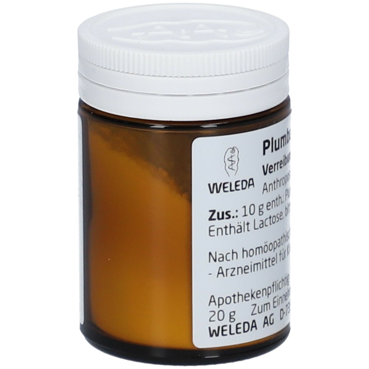 Braune Glasdose mit weißem Deckel. Beschriftung: Weleda, Plumbum metallicum praeparatum D10, 20g.