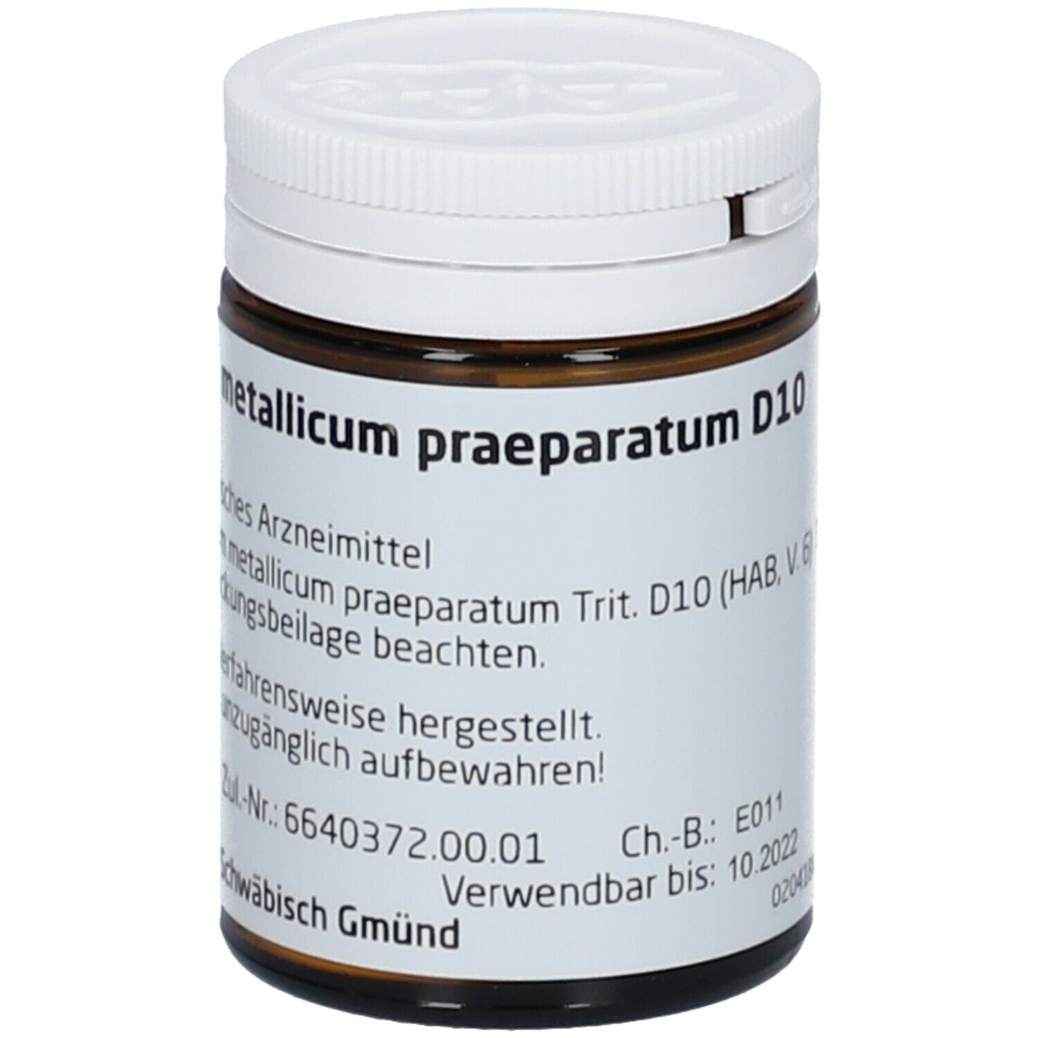 Braune Glasdose mit weißem Deckel. Beschriftung: Plumbum metallicum praeparatum D10, 20g. Haltbarkeit bis 10.2022.