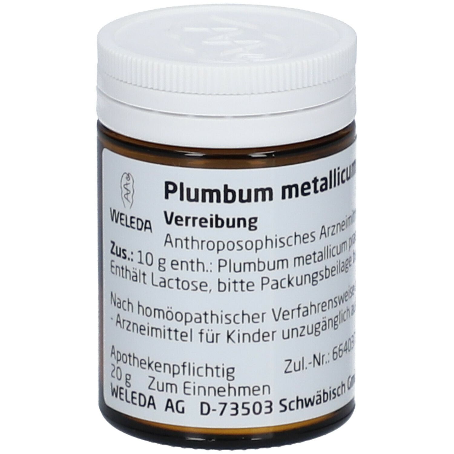 Braune Glasdose mit weißem Deckel. Beschriftung: Weleda, Plumbum metallicum praeparatum D10, 20g.