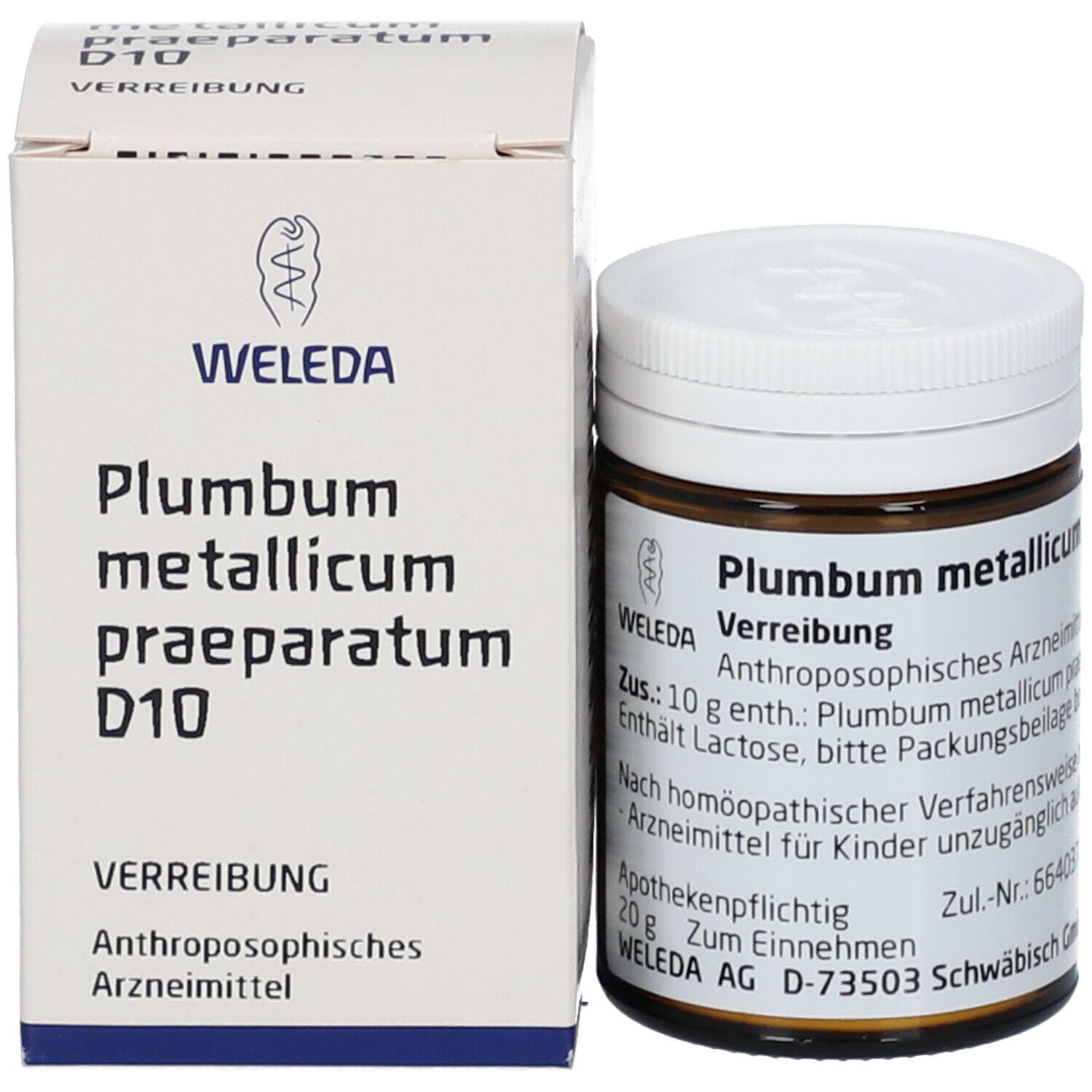 Produktverpackung mit Dose und Karton. Dose: braun, weißer Deckel. Karton: weiß, Beschriftung: Weleda, Plumbum metallicum D10.