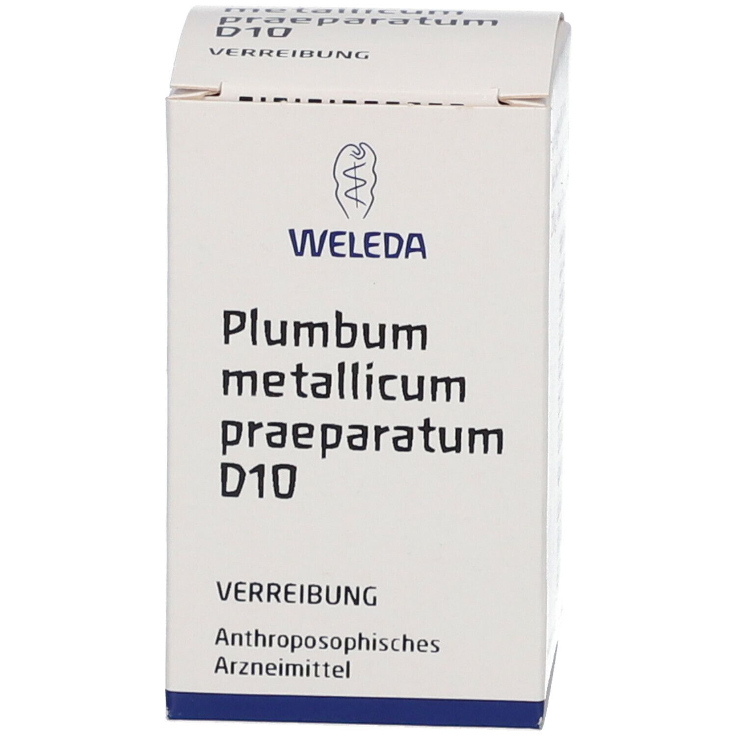 Weiße Produktverpackung. Beschriftung: Weleda, Plumbum metallicum praeparatum D10, Verreibung.