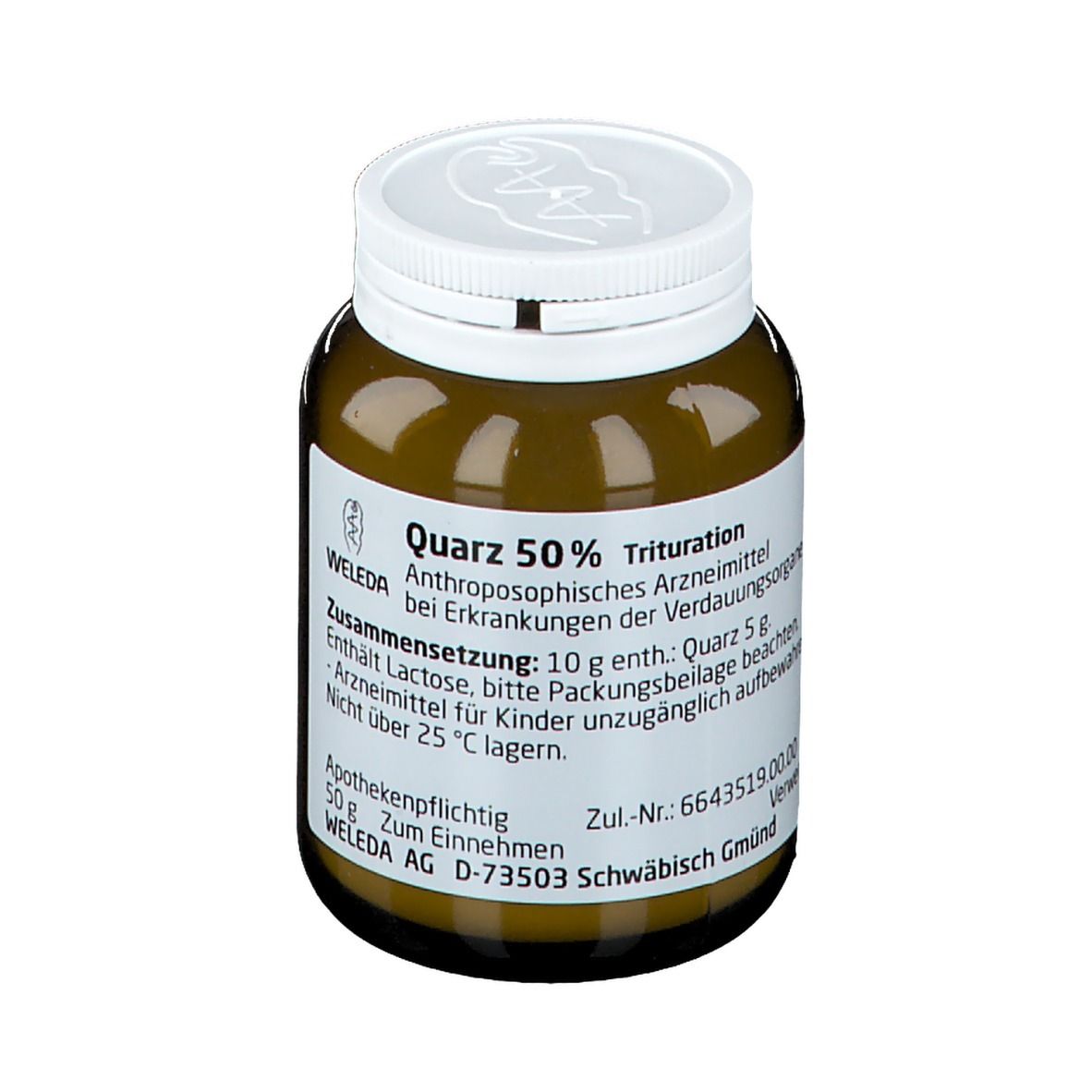 Braune Glasflasche mit weißem Deckel. Auf dem Etikett steht "Quarz 50 %" und weitere Informationen.