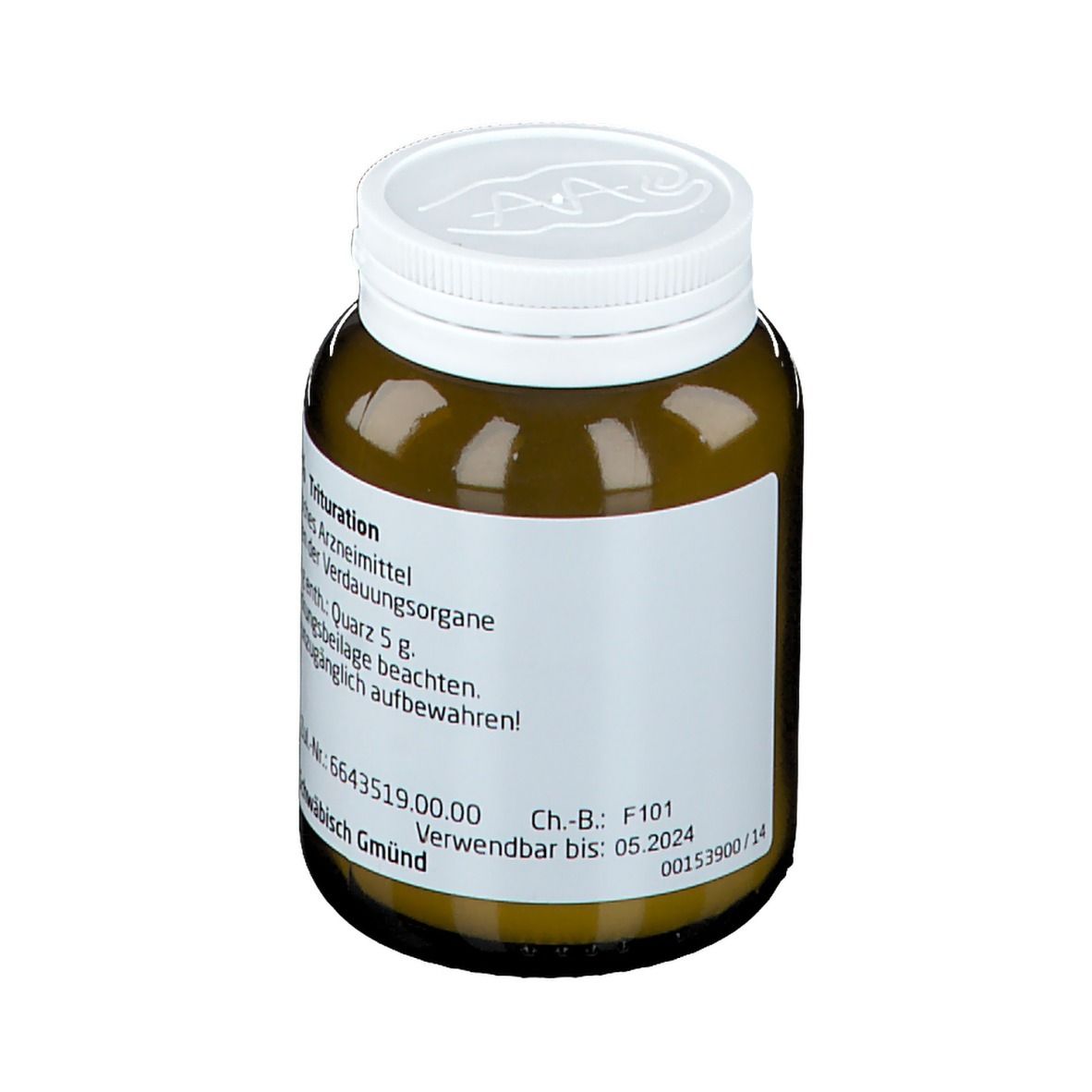 Rückansicht einer braunen Glasflasche mit weißem Deckel. Etikett mit Text, Chargennummer und Verfallsdatum.