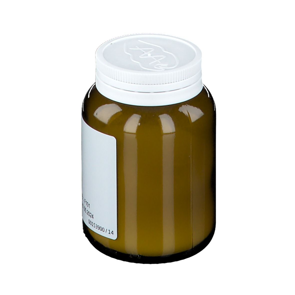 Braune Glasflasche mit weißem Deckel. Etikett mit Text, ohne Produktbezeichnung. Aufdruck mit Chargennummer.