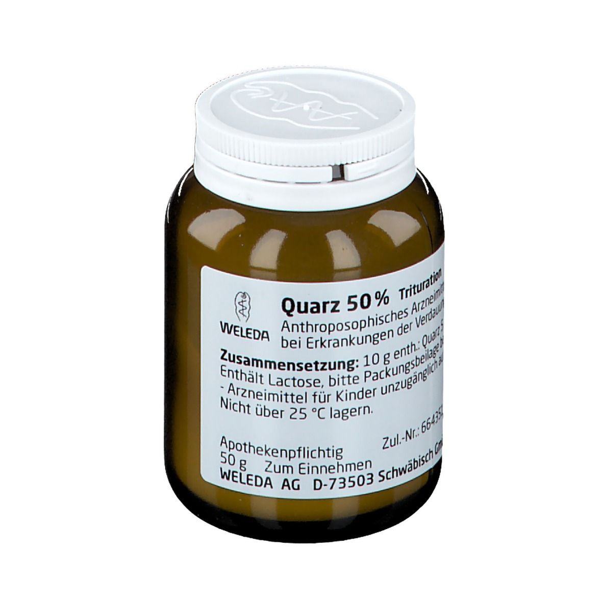 Braune Glasflasche mit weißem Deckel. Etikett mit Produktbezeichnung "Quarz 50 %" und weiteren Informationen.