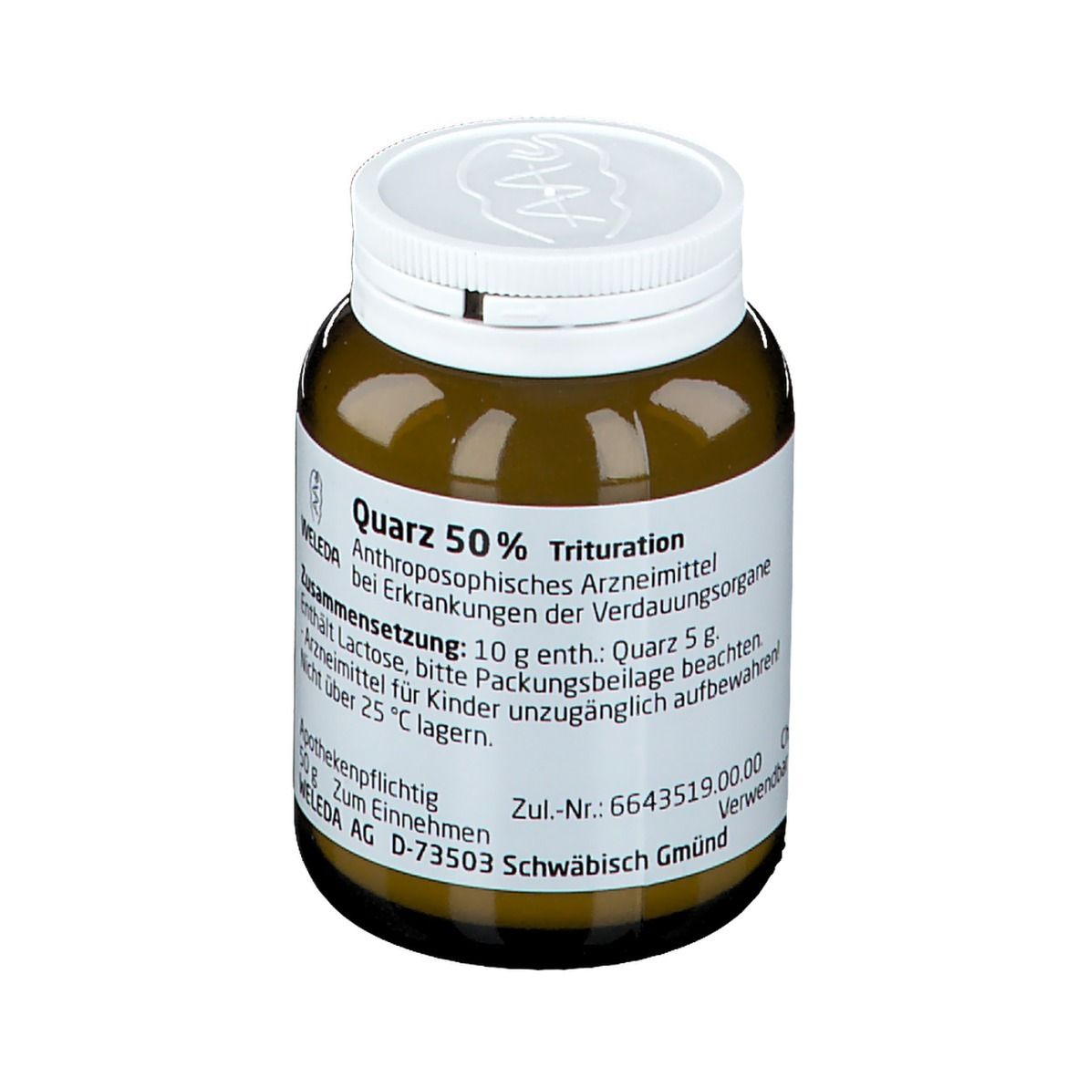 Braune Glasflasche mit weißem Deckel. Etikett mit Produktbezeichnung "Quarz 50 %" und weiteren Informationen.