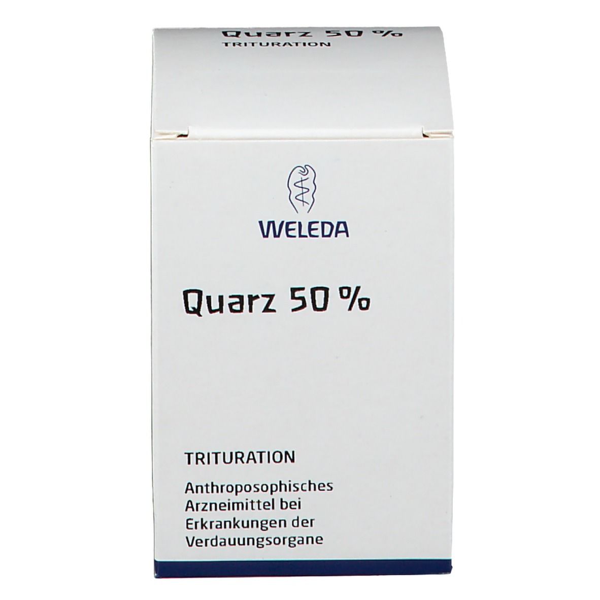 Weiße Produktverpackung mit der Aufschrift "Quarz 50 %" und dem Logo von Weleda.