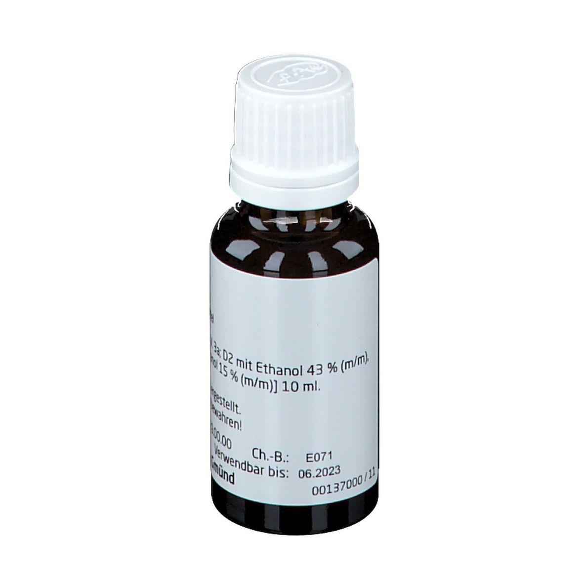 Braune Glasflasche mit weißem Verschluss. Etikett mit Produktinformationen. Marke Weleda.