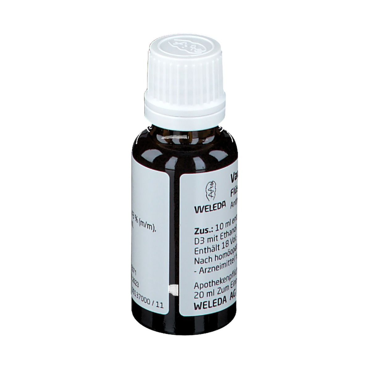 Braune Glasflasche mit weißem Verschluss. Etikett mit Produktinformationen. Marke Weleda.