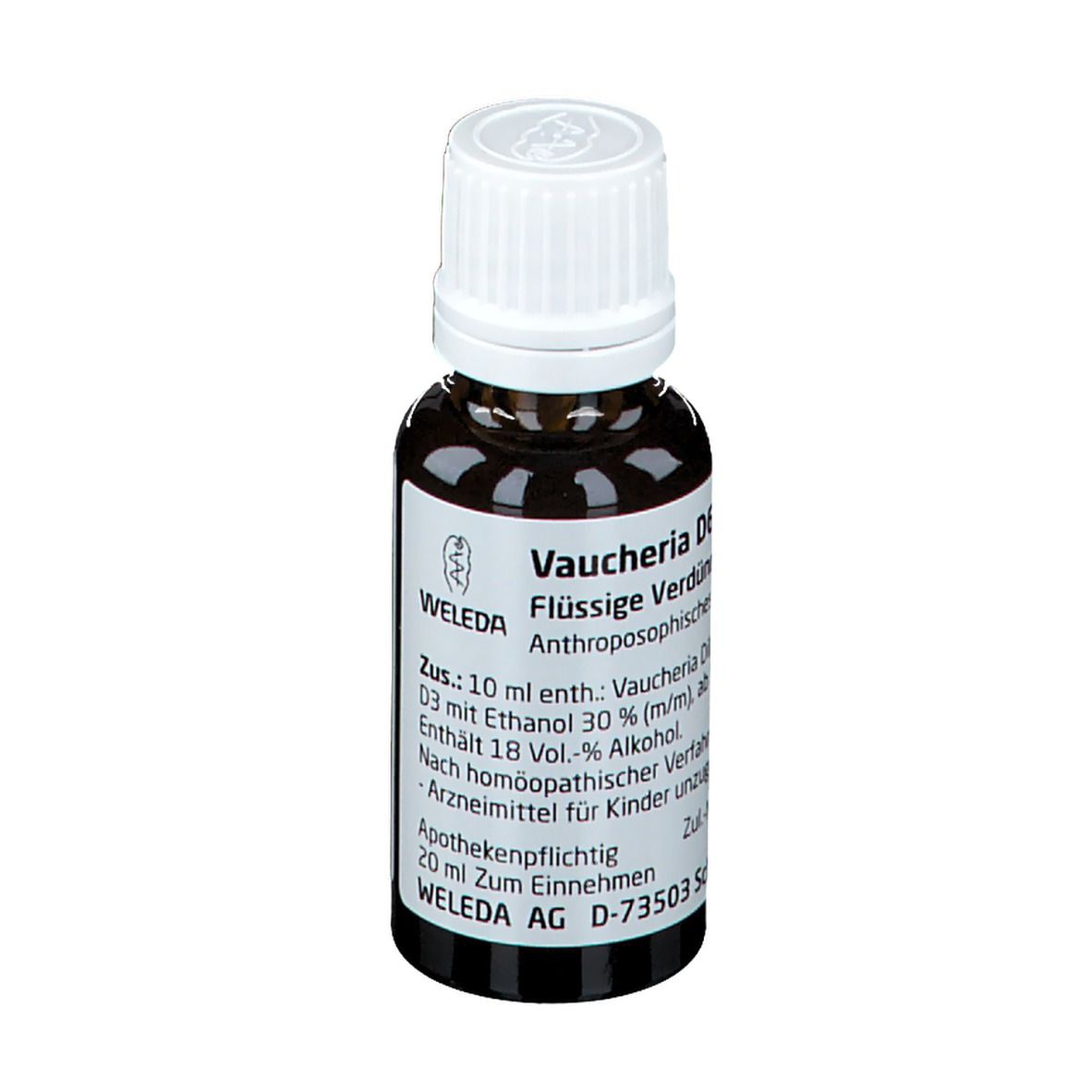 Braune Glasflasche mit weißem Verschluss. Etikett mit Produktinformationen. Marke Weleda.
