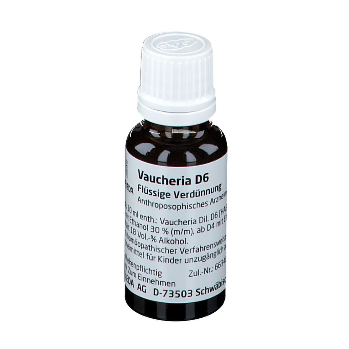 Braune Glasflasche mit weißem Verschluss. Etikett mit Produktinformationen. Marke Weleda.