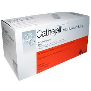 Weiße Schachtel mit rotem Streifen. Aufschrift: Cathejell mit Lidocain 8,5 g. Enthält 25 Einmal-Applikatoren.