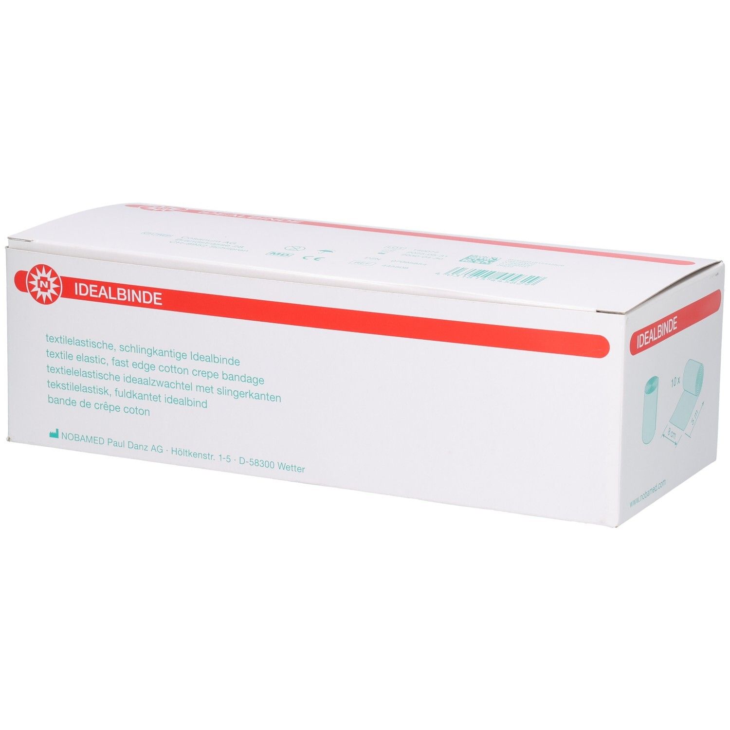 Weiße Faltschachtel mit rotem Streifen und Aufdruck 'IDEALBINDE'. Zeigt ein Bandage-Symbol.