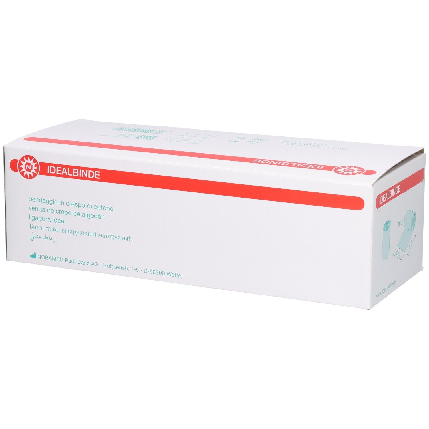 Weiße Faltschachtel mit rotem Streifen und Aufdruck 'IDEALBINDE'. Zeigt ein Bandage-Symbol.
