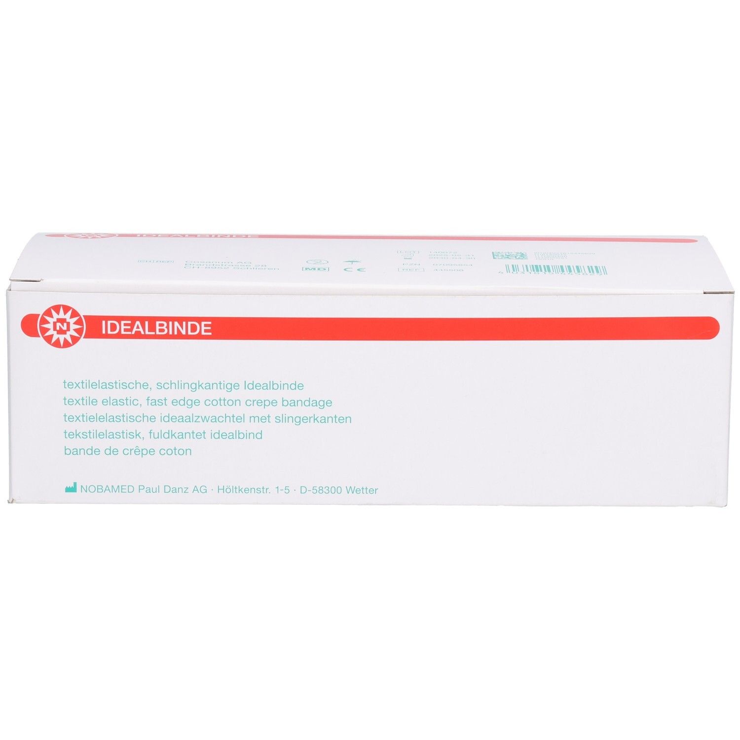 Weiße Faltschachtel mit rotem Streifen und Aufdruck 'IDEALBINDE'. Zeigt ein Bandage-Symbol.